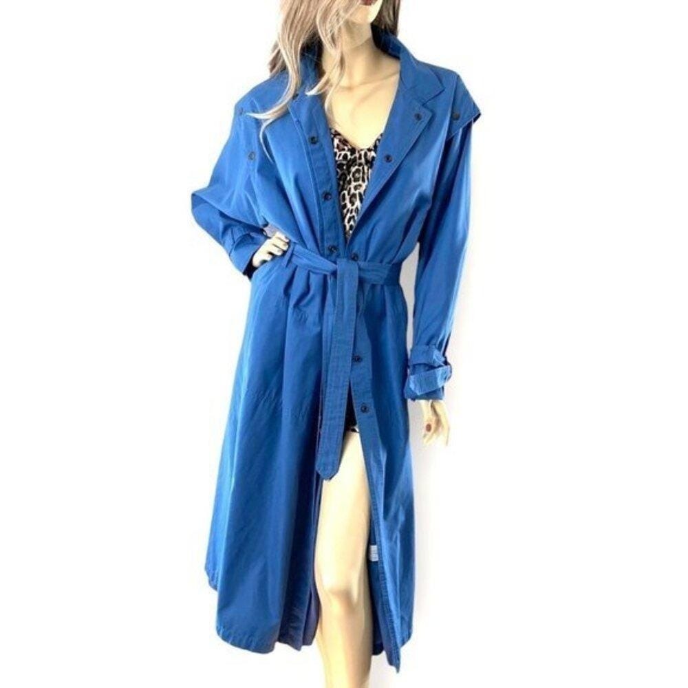 Vintage 80s Blue Belted Duster Coat Cotton Blend Women's Large
